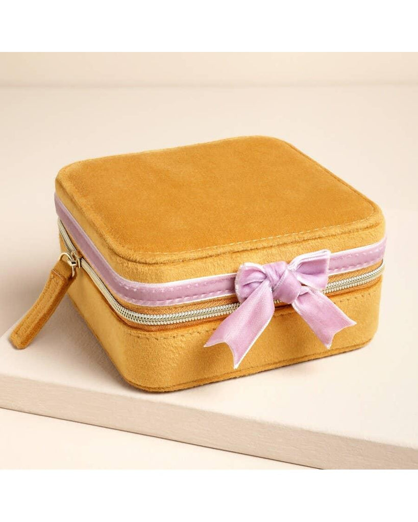 Mustard and Pink Velvet Bow Square Travel Jewellery Case – thoughtful gifts and beautiful finds from C&K, an independent lifestyle store in Settle.