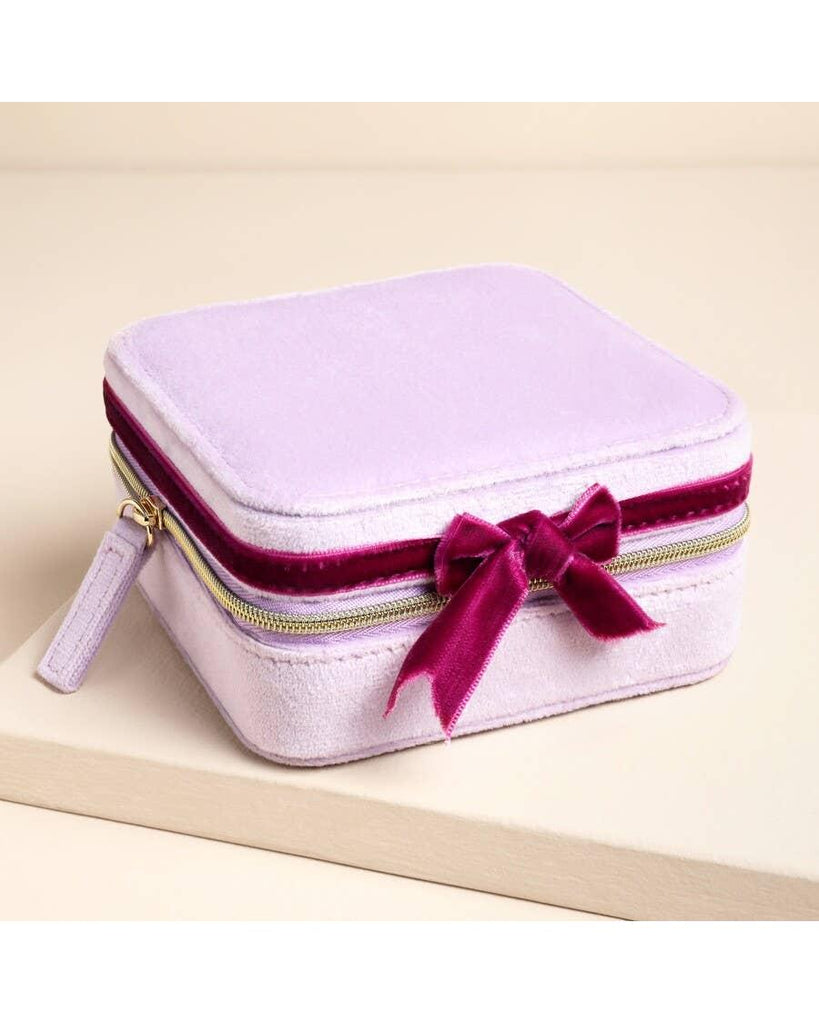 Pink and Burgundy Velvet Bow Square Travel Jewellery Case – thoughtful gifts and beautiful finds from C&K, an independent lifestyle store in Settle.