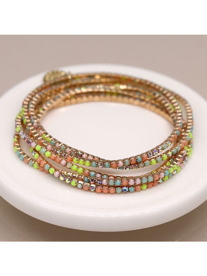 Faux Gold Plated Multi Pastel Crystal Five Bracelet Stack – stylish accessories from C&K, an independent lifestyle store in Settle, North Yorkshire.